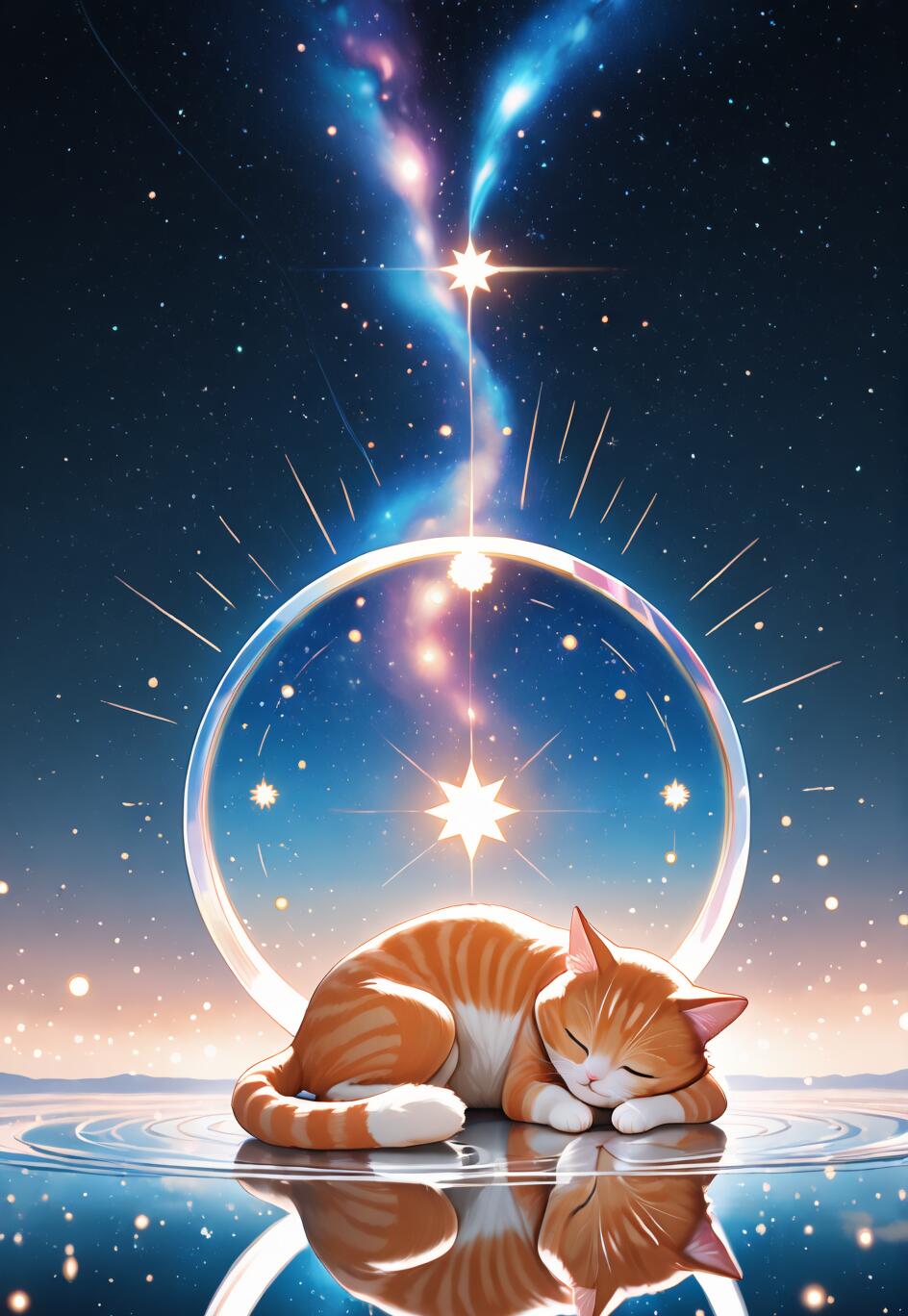 Un’illustrazione che raffigura un adorabile gatto tigrato arancione e bianco addormentato su una superficie riflettente simile all’acqua. Lo sfondo è un cielo notturno cosmico, con una nebulosa dai colori vivaci, innumerevoli stelle e una grande sfera luminosa dietro il gatto.