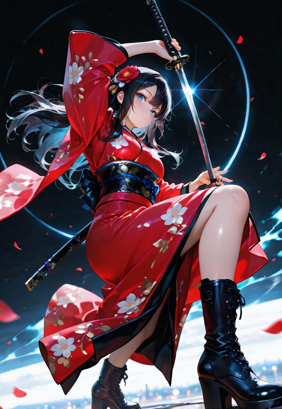 Un’illustrazione che raffigura una giovane donna in stile anime, a figura intera, che indossa un kimono rosso a motivi floreali e stivali da combattimento neri. È rappresentata in una posa dinamica mentre tiene in mano una spada katana, sullo sfondo di un ambiente scuro con effetti di luce blu e petali rossi.