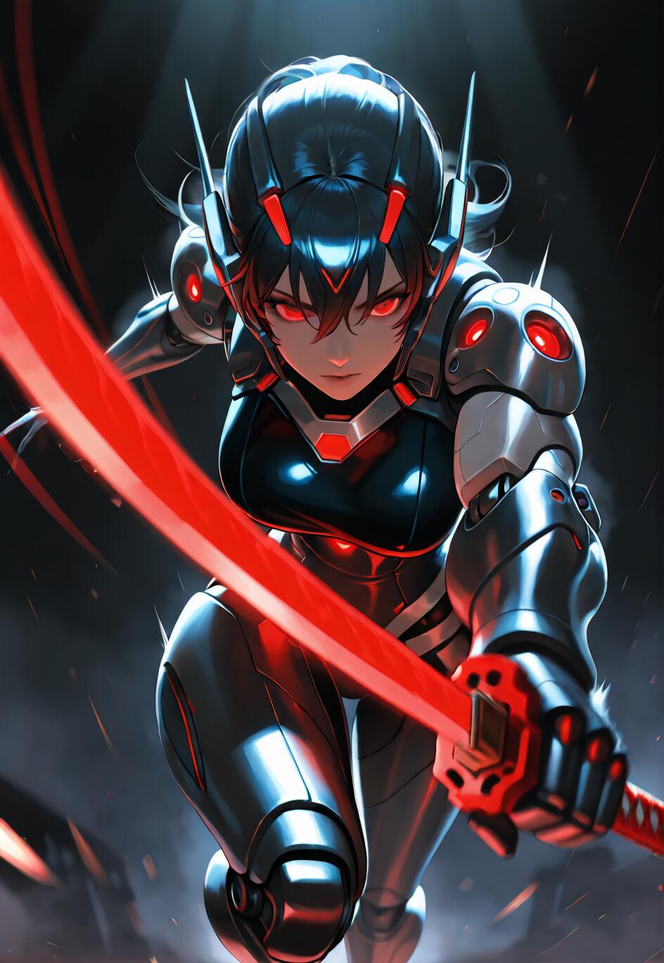 Una donna cyborg in stile anime, con un’armatura futuristica scura, occhi rossi luminosi e dettagli rossi, che si lancia in avanti brandendo una katana energetica di colore rosso acceso.