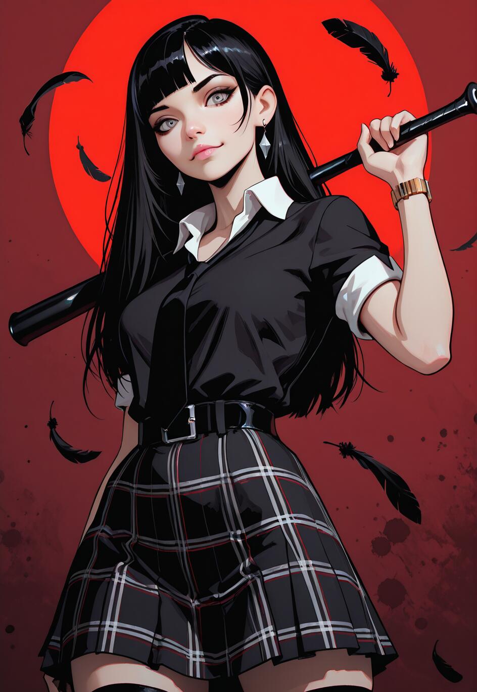 Un’illustrazione digitale che raffigura una ragazza in stile anime, con lunghi capelli neri e occhi grigi, che indossa una maglietta nera e una gonna a quadri. Tiene una mazza da baseball sulla spalla, sullo sfondo rosso si vedono delle piume nere che fluttuano nell’aria.