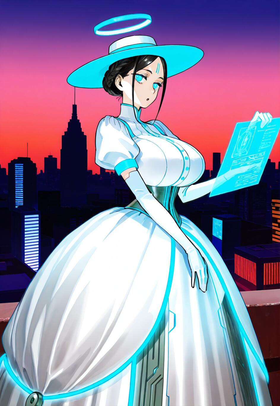 Una donna in stile anime, con indosso un abito e un cappello vittoriani futuristici bianchi e blu, è in piedi su un tetto al crepuscolo, tenendo in mano un tablet olografico luminoso di fronte a un panorama urbano illuminato da luci al neon. Un alone blu fluttua sopra la sua testa.