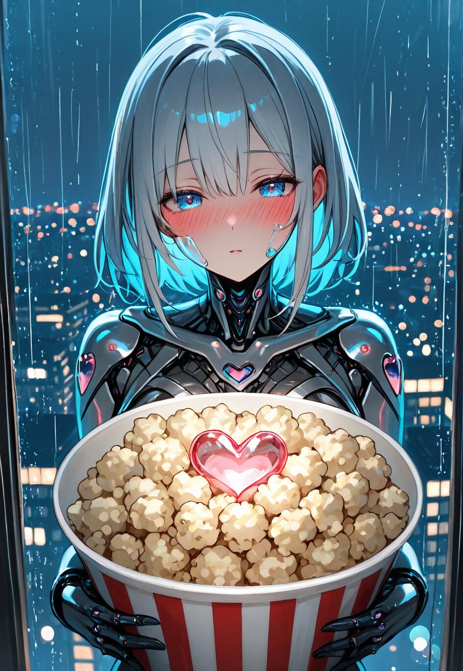 Una ragazza cyborg in stile anime, con capelli corti di colore azzurro chiaro e occhi azzurri, arrossisce mentre tiene in mano un grande secchio a righe rosse e bianche pieno di popcorn. Un cuore rosa e trasparente è appoggiato sopra il popcorn. È in piedi davanti a una finestra che mostra una città piovosa di notte.
