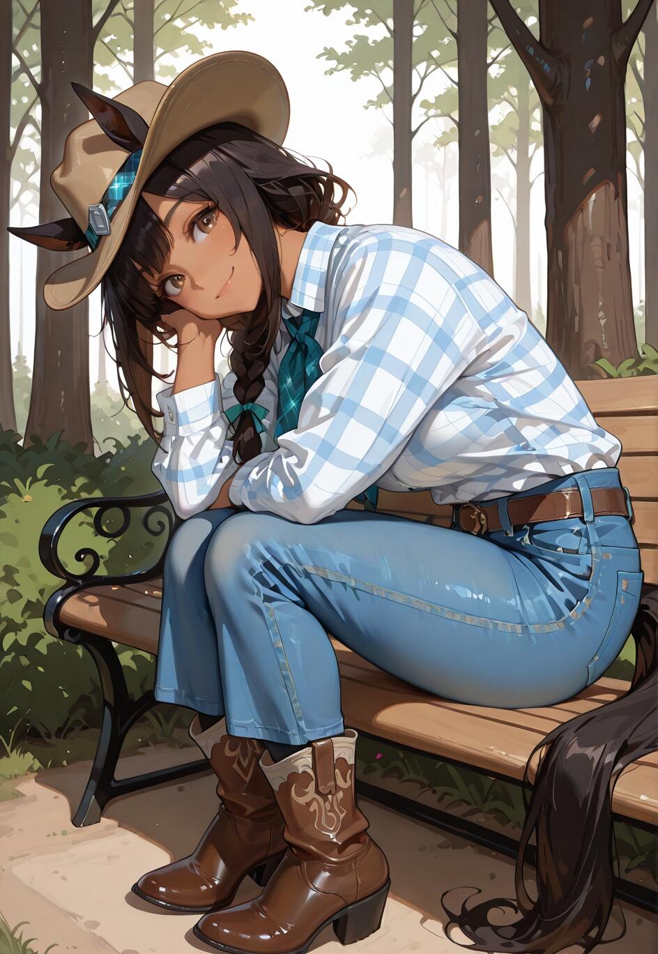 Una ragazza-cavallo in stile anime, con la pelle abbronzata e un cappello da cowboy, identificata come El Condor Pasa, è seduta su una panchina in un parco, immerso in un bosco. Indossa una camicia a quadri e dei jeans, e sorride calorosamente allo spettatore.