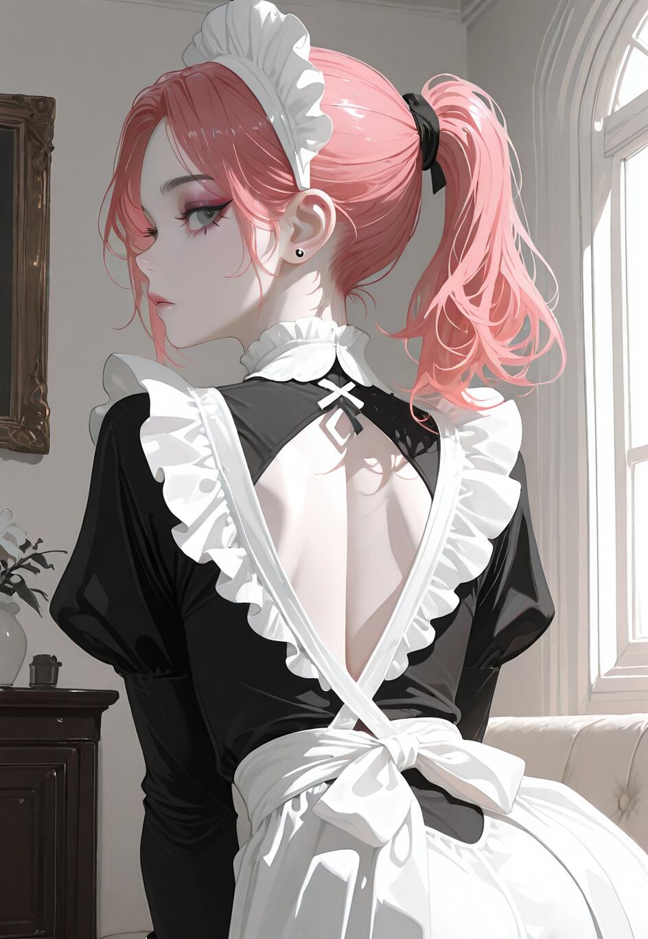 Un’illustrazione in stile anime che raffigura una giovane donna con i capelli rosa raccolti in una coda di cavallo, indossa un’uniforme da cameriera bianca e nera con la schiena scoperta. È ritratta mentre si volta indietro, guardando sopra la spalla, in una stanza ben illuminata.