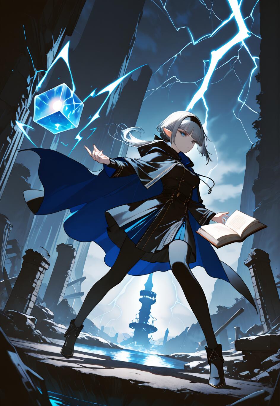 Illustrazione a figura intera di una giovane elfa dai capelli argentati, avvolta in un mantello blu scuro e vestita di nero, che assume una posa imponente in un paesaggio in rovina. Tiene in mano un libro e lancia un incantesimo su un cubo blu fluttuante, mentre fulmini squarciano il cielo tempestoso alle sue spalle.
