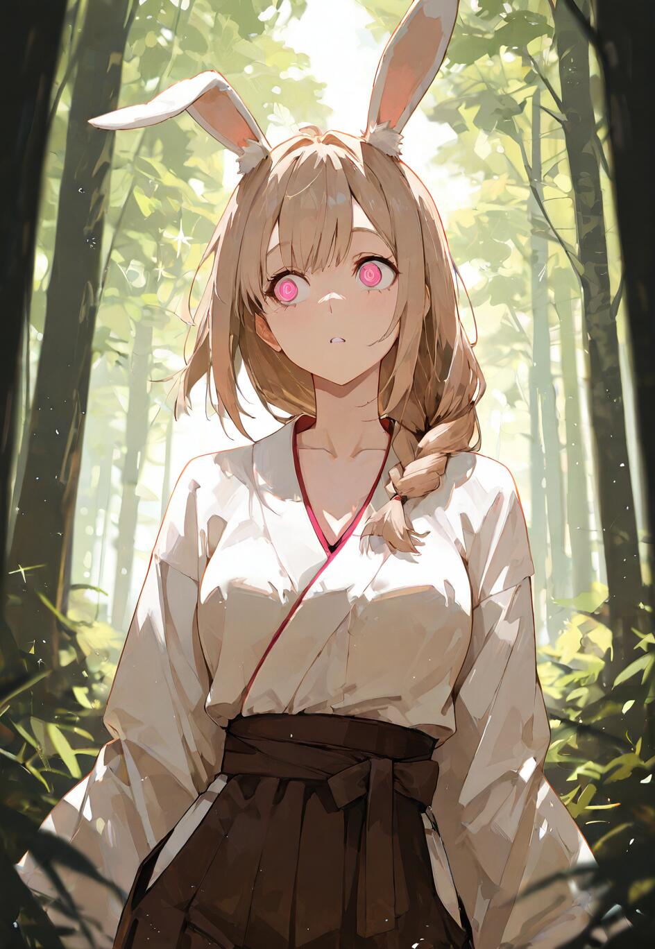 Una ragazza anime con capelli castano chiaro e orecchie da coniglio bianche, indossa un abito tradizionale giapponese da miko, bianco e marrone scuro, e si trova in una foresta illuminata dal sole. Si volta indietro, guardando sopra la spalla, con grandi occhi rosa brillanti.