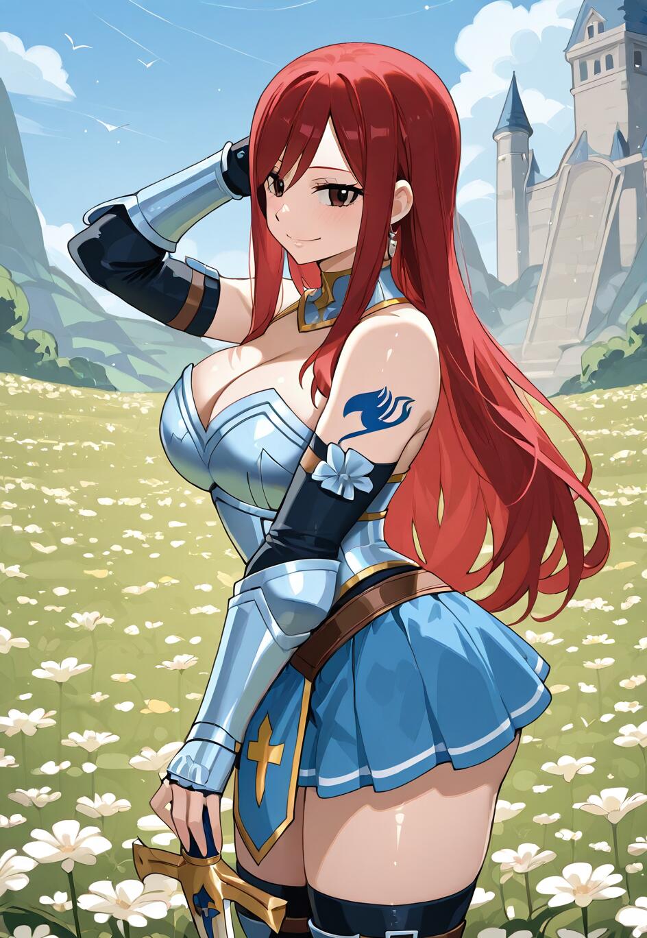 Erza Scarlet, personaggio di Fairy Tail, una guerriera dai capelli rossi che indossa un’armatura argentata e blu e una gonna blu, è in piedi in un campo di fiori bianchi, sorridendo, con un castello sullo sfondo, e tiene in mano una spada.