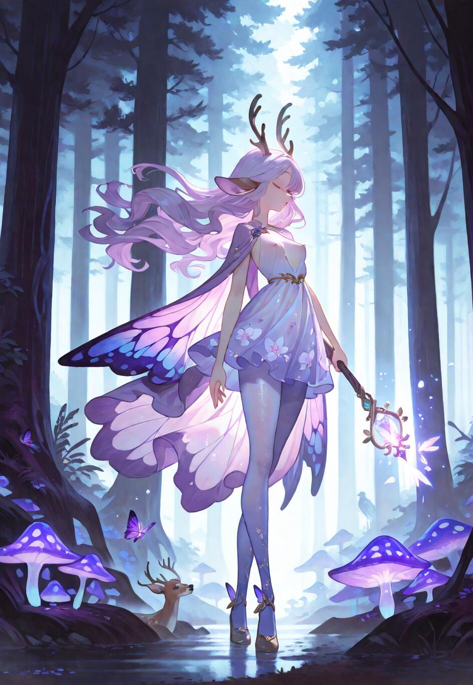Un’illustrazione in stile anime che raffigura una bellissima creatura silvana, con lunghi capelli color lilla, corna da cervo e grandi ali di farfalla. Tiene in mano un bastone luminoso e si trova in una foresta magica, piena di funghi lilla che brillano e di un piccolo cervo.