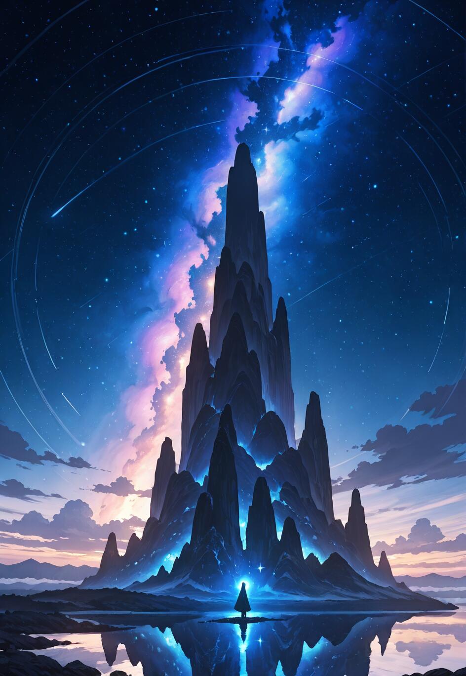 Una figura solitaria, avvolta in un mantello, si erge di fronte a un’imponente montagna dalle cime frastagliate, sotto un cielo notturno ricco di colori e costellato di stelle, con una nebulosa che fa da sfondo. Tutto questo si riflette nelle acque tranquille sottostanti.