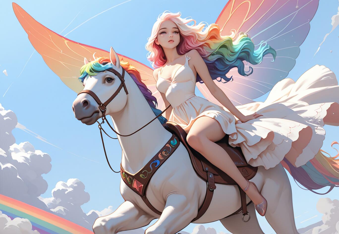 Una giovane donna con i capelli dai colori dell’arcobaleno e grandi ali variopinte cavalca un Pegaso bianco con una criniera arcobaleno attraverso un cielo azzurro e nuvoloso. Sotto di loro si intravede un arcobaleno.