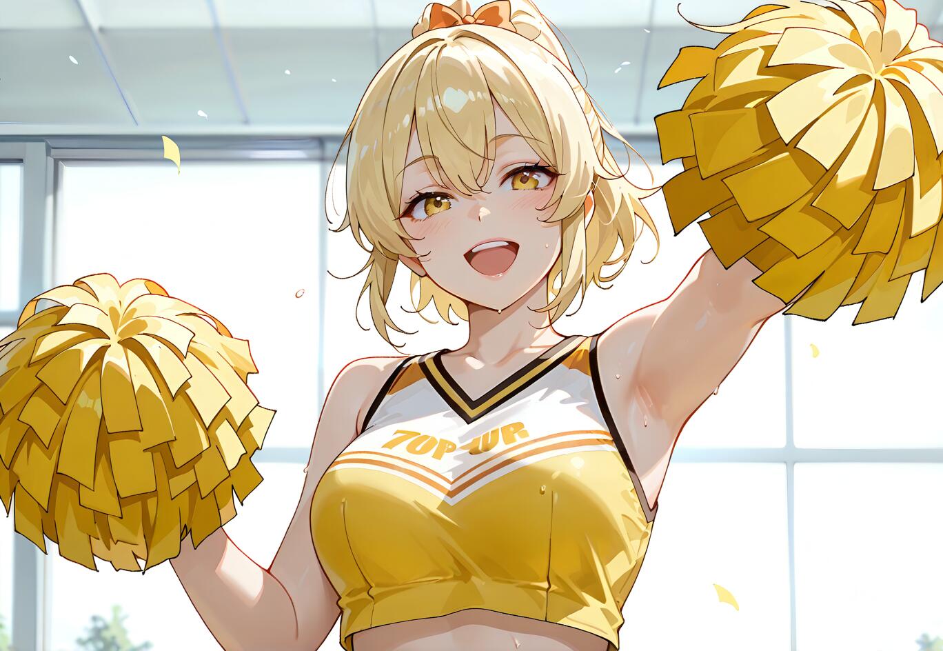 Un’illustrazione in stile anime che raffigura Lumine, personaggio del videogioco Genshin Impact, vestita da cheerleader. È una ragazza bionda con gli occhi dorati, sorridente e con in mano due pon-pon gialli, in una stanza luminosa con finestre.