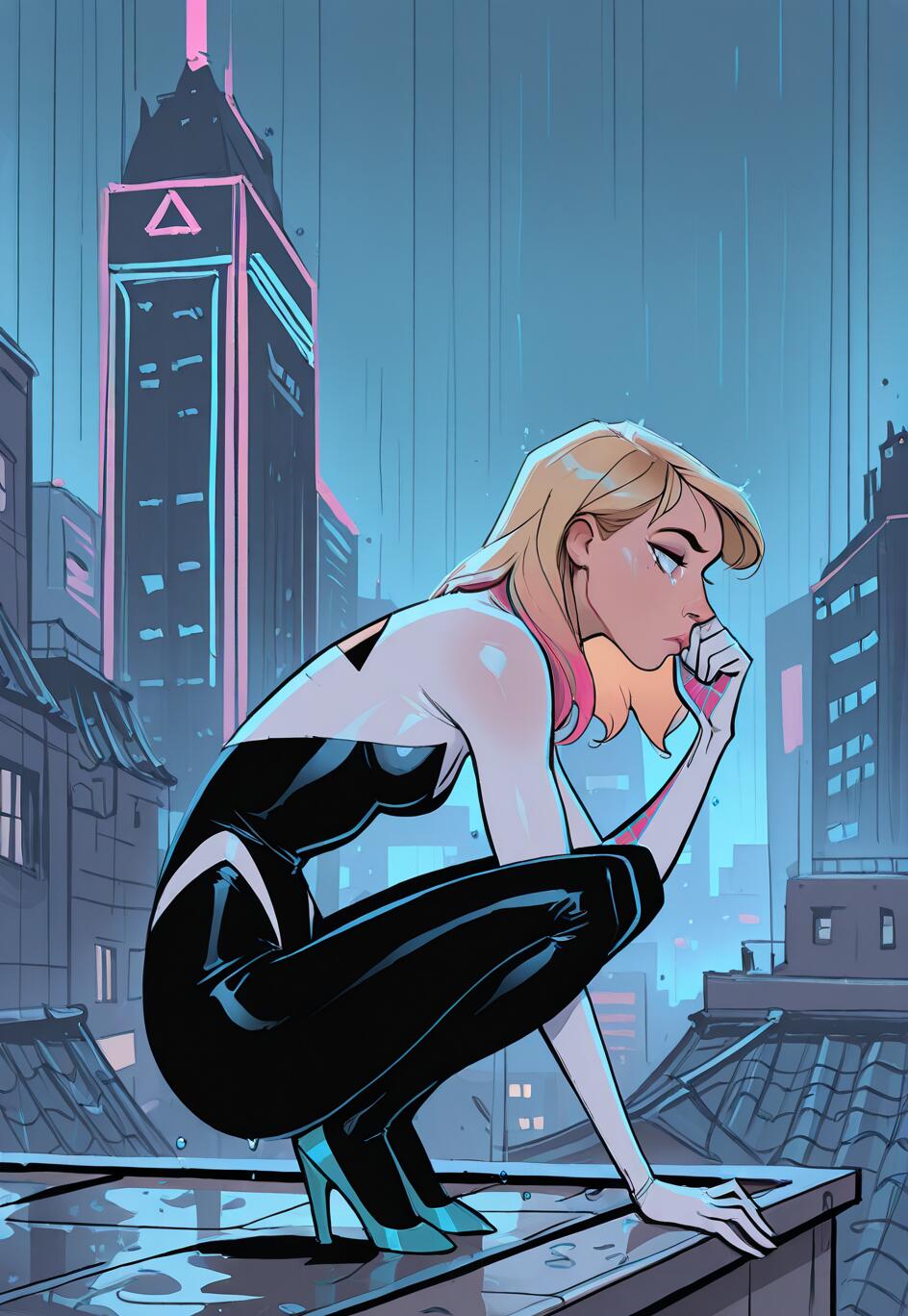Gwen Stacy nei panni di Spider-Gwen, con la sua iconica tuta in bianco e nero, accovacciata pensierosa su un tetto bagnato, in una città illuminata dai neon e immersa nella pioggia notturna.