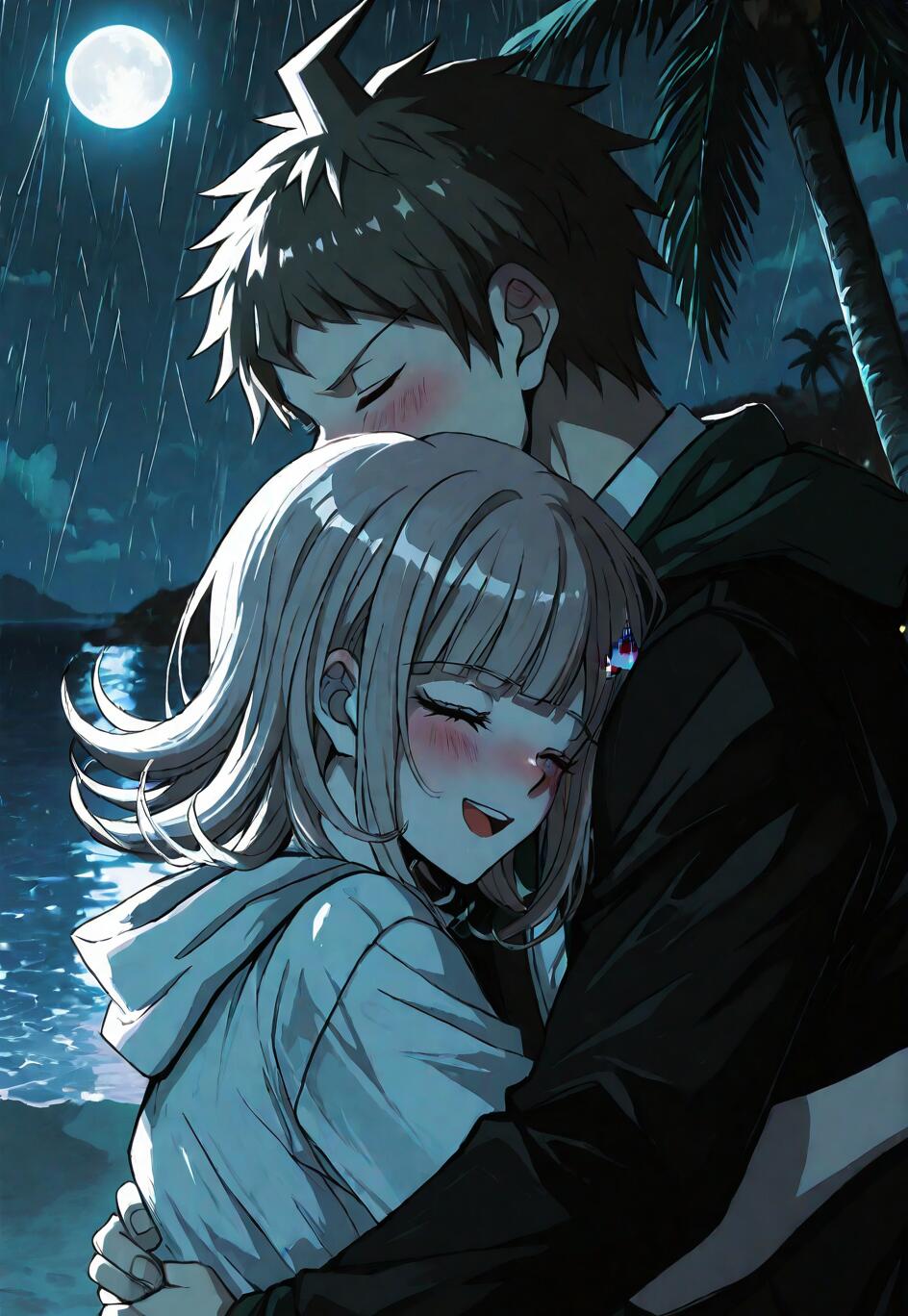 Disegno amatoriale in stile anime che raffigura Hajime Hinata e Chiaki Nanami, personaggi di Danganronpa, mentre si abbracciano affettuosamente su una spiaggia piovosa di notte, con una luna piena e delle palme sullo sfondo.