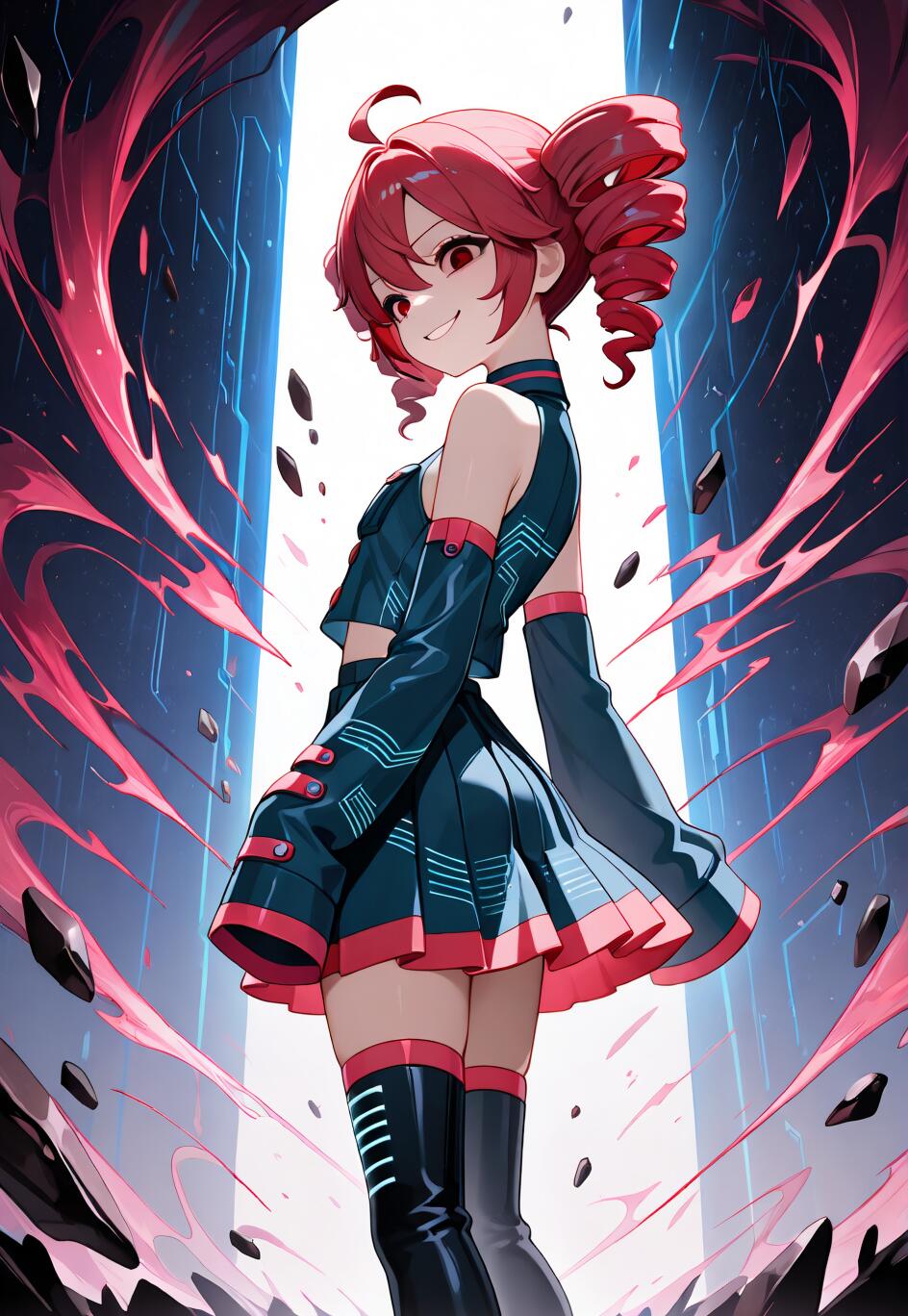 Un’illustrazione in stile anime che raffigura Kasane Teto, con i capelli rossi raccolti in due codini e un sorriso malizioso, mentre indossa un abito futuristico blu e rosso. È in piedi, circondata da un’energia rosa vorticosa e da rocce fluttuanti, di fronte a un portale luminoso e scintillante.