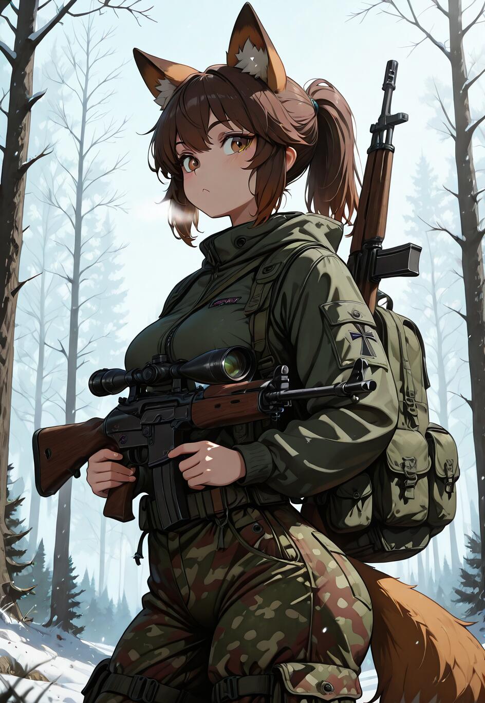 Una ragazza-volpe in stile anime, con capelli castani raccolti in una coda di cavallo, indossa una giacca militare verde e pantaloni mimetici, ed è in piedi in una foresta innevata, tenendo in mano un fucile da cecchino.