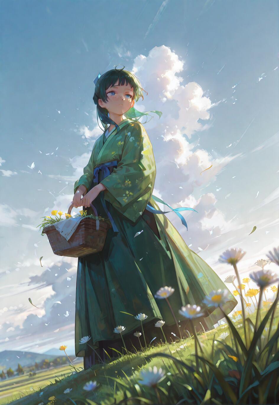 Un’illustrazione, ripresa da un’angolazione bassa, raffigura Maomao, protagonista de «Le memorie dell’erborista», su una collina erbosa. Ha i capelli verdi e lentiggini, indossa un kimono verde con un nastro blu e tiene in mano un cesto pieno di fiori gialli, sullo sfondo di un cielo azzurro intenso con nuvole bianche.