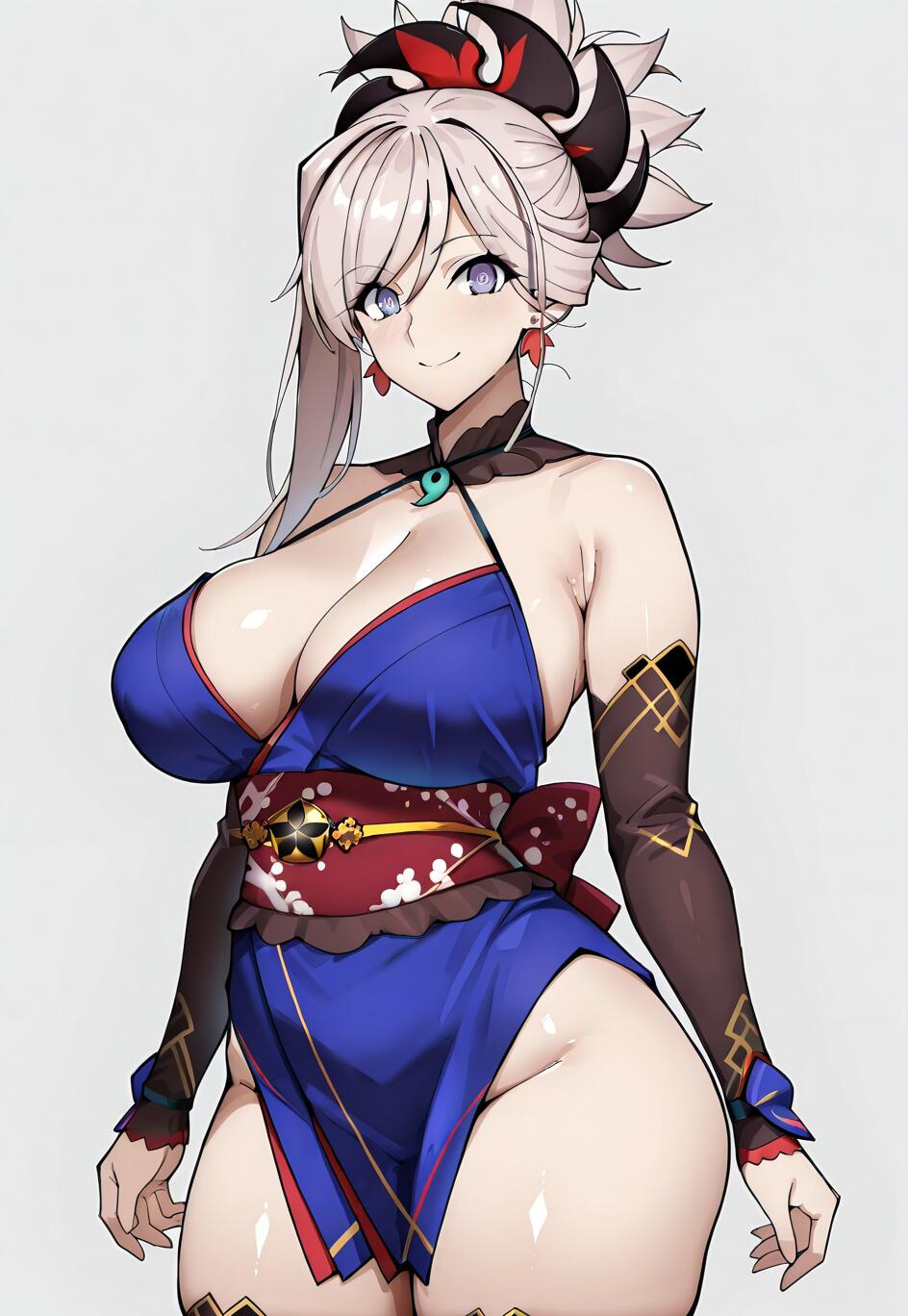 Un’illustrazione in stile anime di Miyamoto Musashi tratta da Fate/Grand Order, che la ritrae sorridente mentre indossa un kimono blu, protezioni marroni per le braccia e i capelli raccolti in una lunga coda di cavallo.