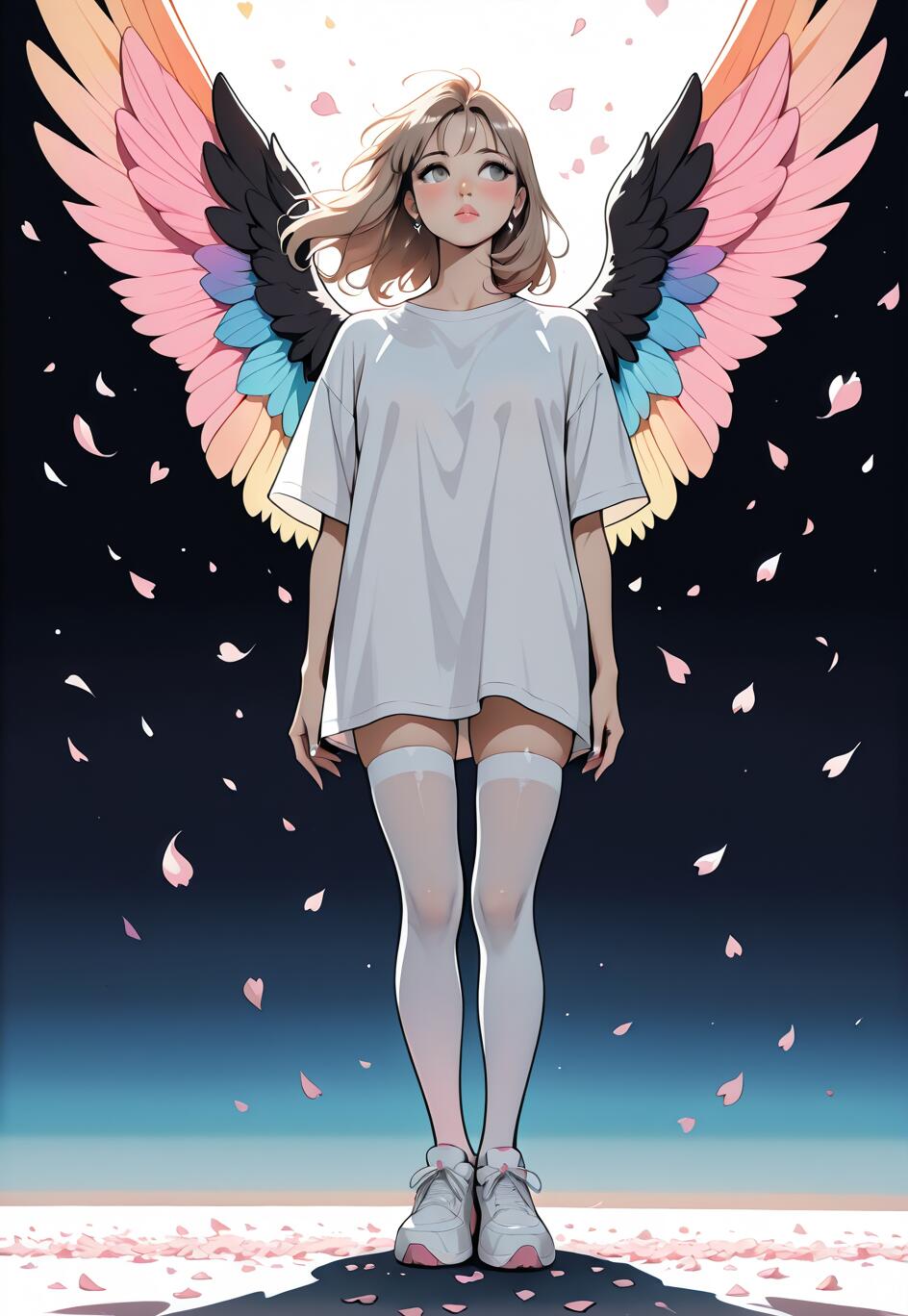 Illustrazione a figura intera di una ragazza in stile anime, con ali piumate dai colori vivaci. Ha i capelli castano chiaro, indossa una camicia bianca oversize, calze bianche che arrivano fino alla coscia e scarpe da ginnastica, ed è in piedi in mezzo a petali di ciliegio che cadono, su uno sfondo scuro con una luce intensa alle sue spalle.