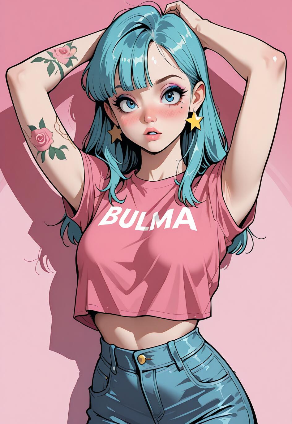 Un’illustrazione in stile anime di Bulma, personaggio di Dragon Ball, con i capelli e gli occhi azzurri. Indossa un top corto rosa con la scritta «BULMA», jeans blu e orecchini a forma di stella. Ha dei tatuaggi a forma di rosa sul braccio ed è ritratta in posa, con le mani dietro la testa, su uno sfondo rosa.