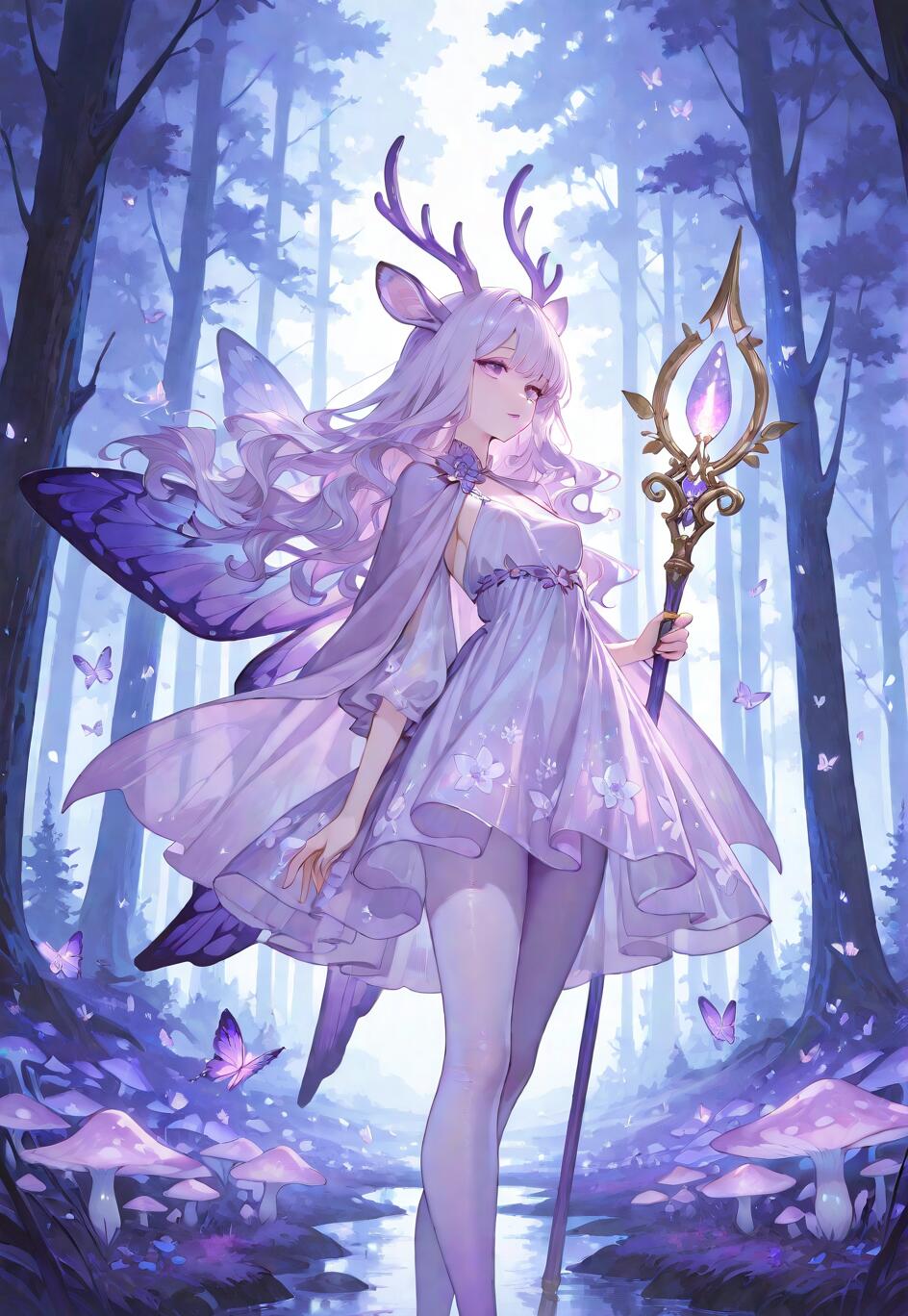 Una ragazza in stile anime, con lunghi capelli color lavanda, corna da cervo e ali di farfalla viola, che tiene in mano un bastone luminoso in una foresta magica viola, piena di funghi luminescenti.