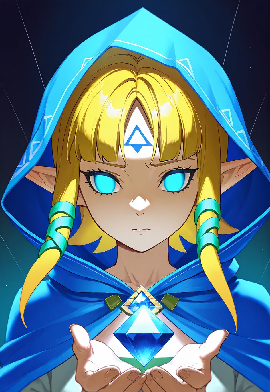 Un’illustrazione in stile anime della principessa Zelda, con occhi azzurri luminosi, che indossa un mantello azzurro con cappuccio e tiene in mano una gemma azzurra scintillante. Il simbolo della Triforza è sulla sua fronte.