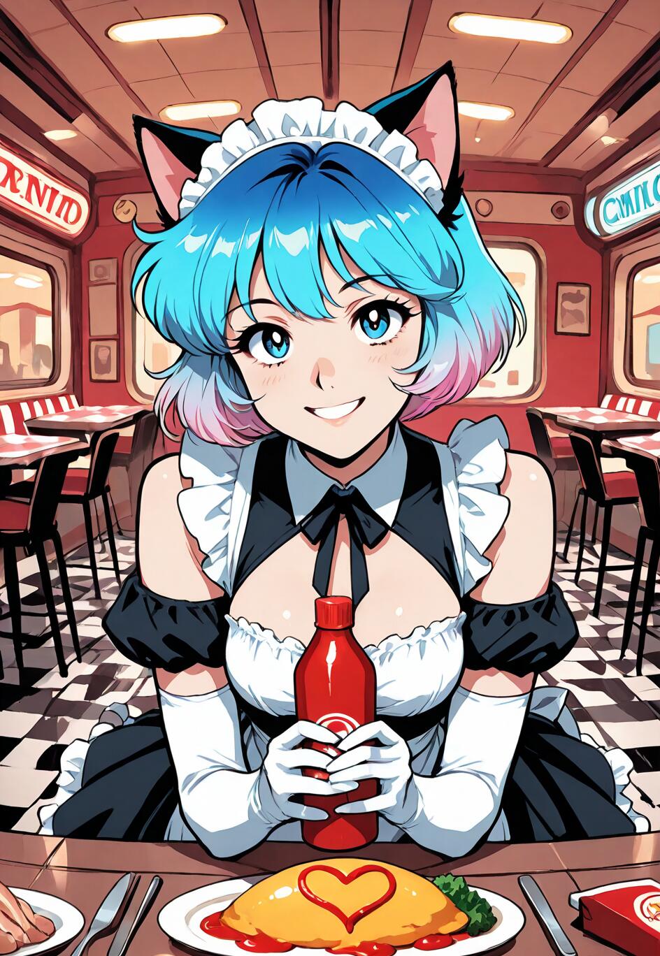 Una ragazza-gatto in stile anime, con capelli corti blu e rosa, indossa un abito da cameriera e sorride mentre tiene in mano una bottiglia di ketchup sopra un piatto di omurice decorato con un cuore di ketchup, in un diner dall’atmosfera retrò.