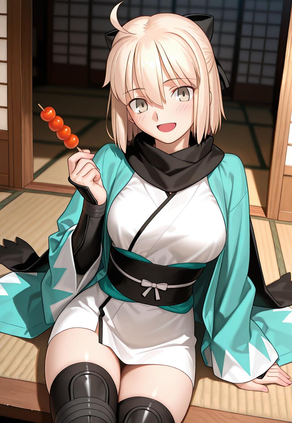 Okita Souji, un personaggio femminile dell’anime Fate/Grand Order, è una giovane donna con i capelli biondi corti e un fiocco nero. È seduta su un tappeto di tatami, indossa un haori turchese e un kimono bianco, e sorride mentre tiene in mano uno spiedino di dango arancioni.