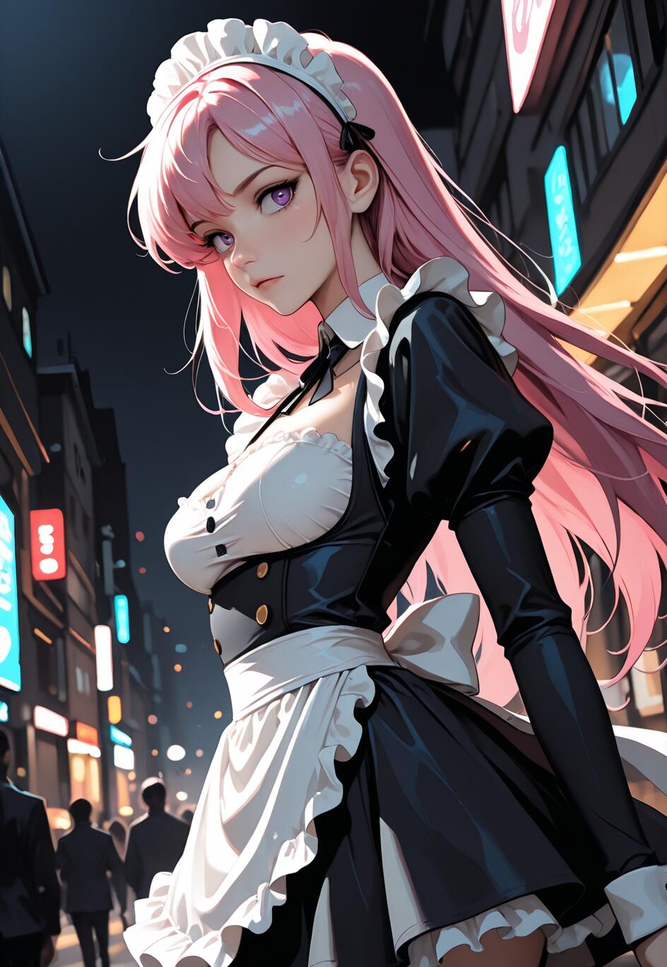 Un’illustrazione in stile anime che raffigura una giovane donna con lunghi capelli rosa e occhi viola, vestita con un costume da cameriera bianco e nero. È in piedi su una strada cittadina di notte, con luci al neon sfocate sullo sfondo.