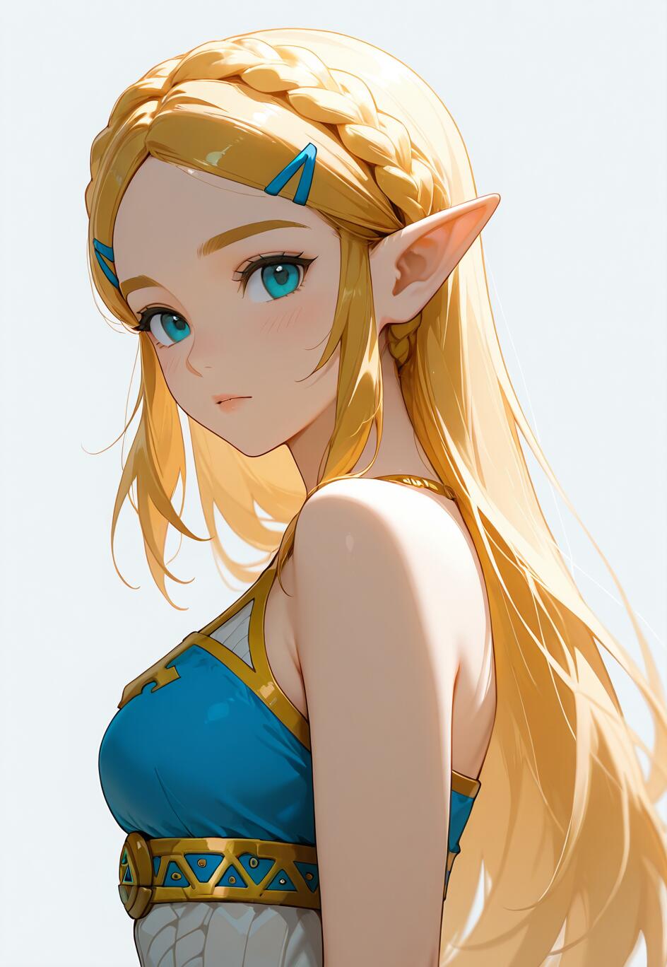 Un’illustrazione in stile anime della principessa Zelda, tratta dalla serie The Legend of Zelda. Ha lunghi capelli biondi raccolti in una treccia che le incornicia la testa, occhi azzurri e orecchie a punta, ed è ritratta mentre si volta di spalle, indossando un abito blu e dorato.