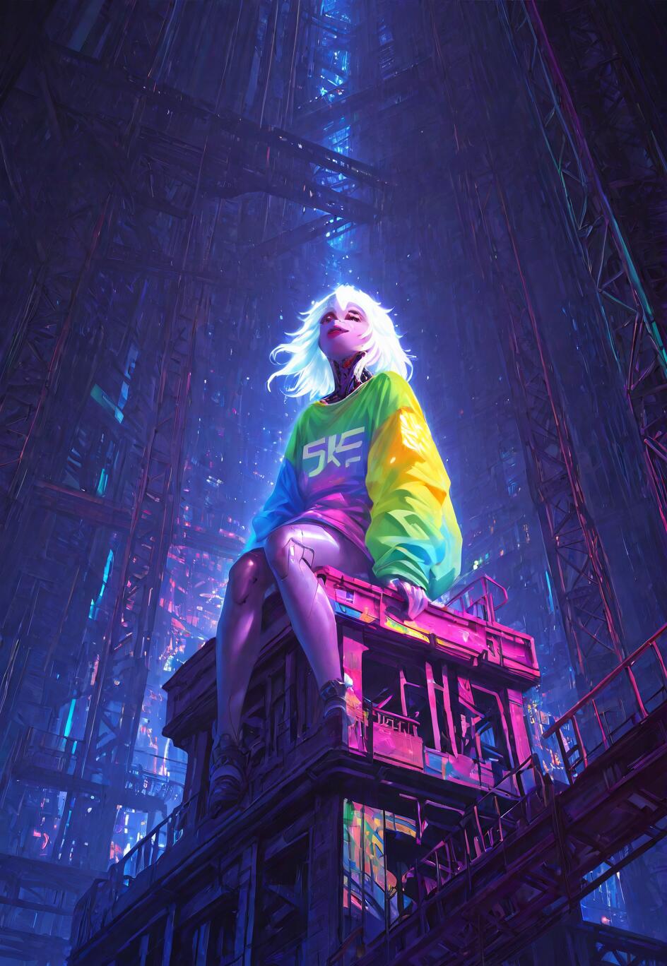 Una giovane donna con i capelli bianchi e una colorata felpa oversize è seduta su un tetto, con lo sguardo rivolto verso l’alto, ammirando una vasta città futuristica in stile cyberpunk illuminata di notte da luci al neon blu e viola.
