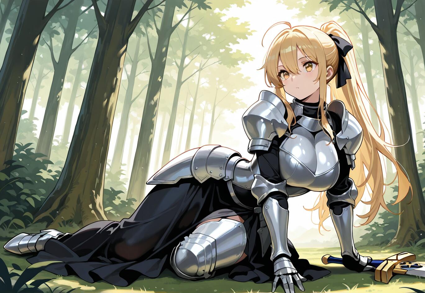 Un’illustrazione in stile anime di Saber Artoria Pendragon, una cavaliere bionda con un’armatura d’argento completa e un abito nero, che riposa sull’erba di una foresta illuminata dal sole, con la sua spada Excalibur accanto a lei.