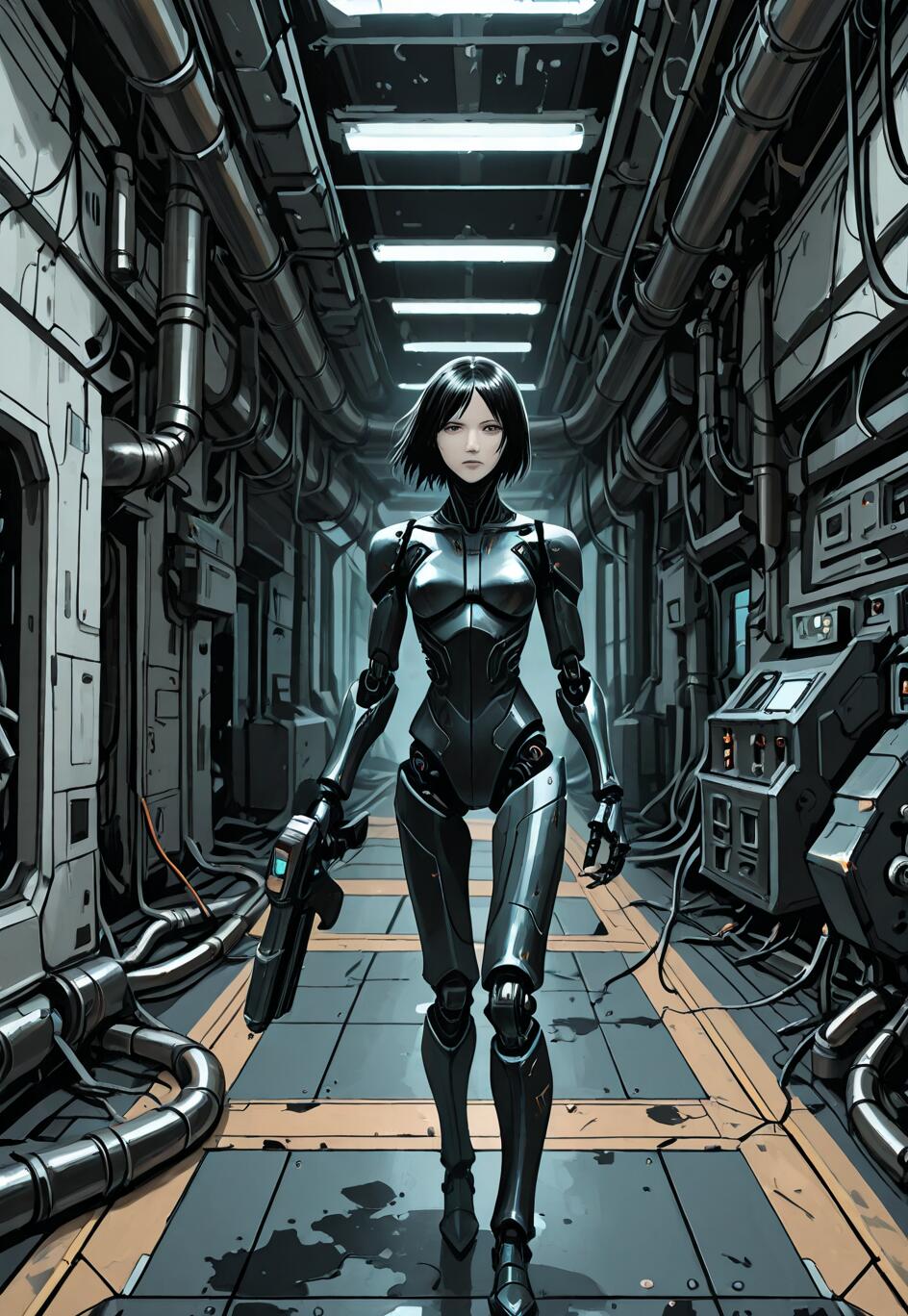 Un’illustrazione a figura intera del personaggio cyborg Sanakan, proveniente dal manga BLAME!, che cammina verso l’osservatore in un corridoio industriale futuristico, buio e stretto, pieno di tubi e cavi. Ha i capelli corti e neri e tiene in mano una grossa pistola.