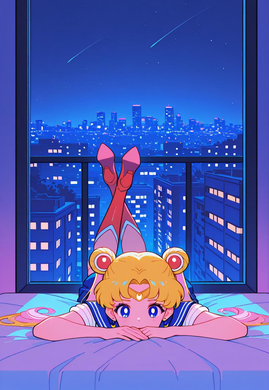 Sailor Moon, con la sua caratteristica acconciatura a due chignon biondi, è sdraiata a pancia in giù su un letto e guarda direttamente lo spettatore. Dietro di lei, una grande finestra rivela un vivace panorama urbano notturno, illuminato da un cielo stellato.