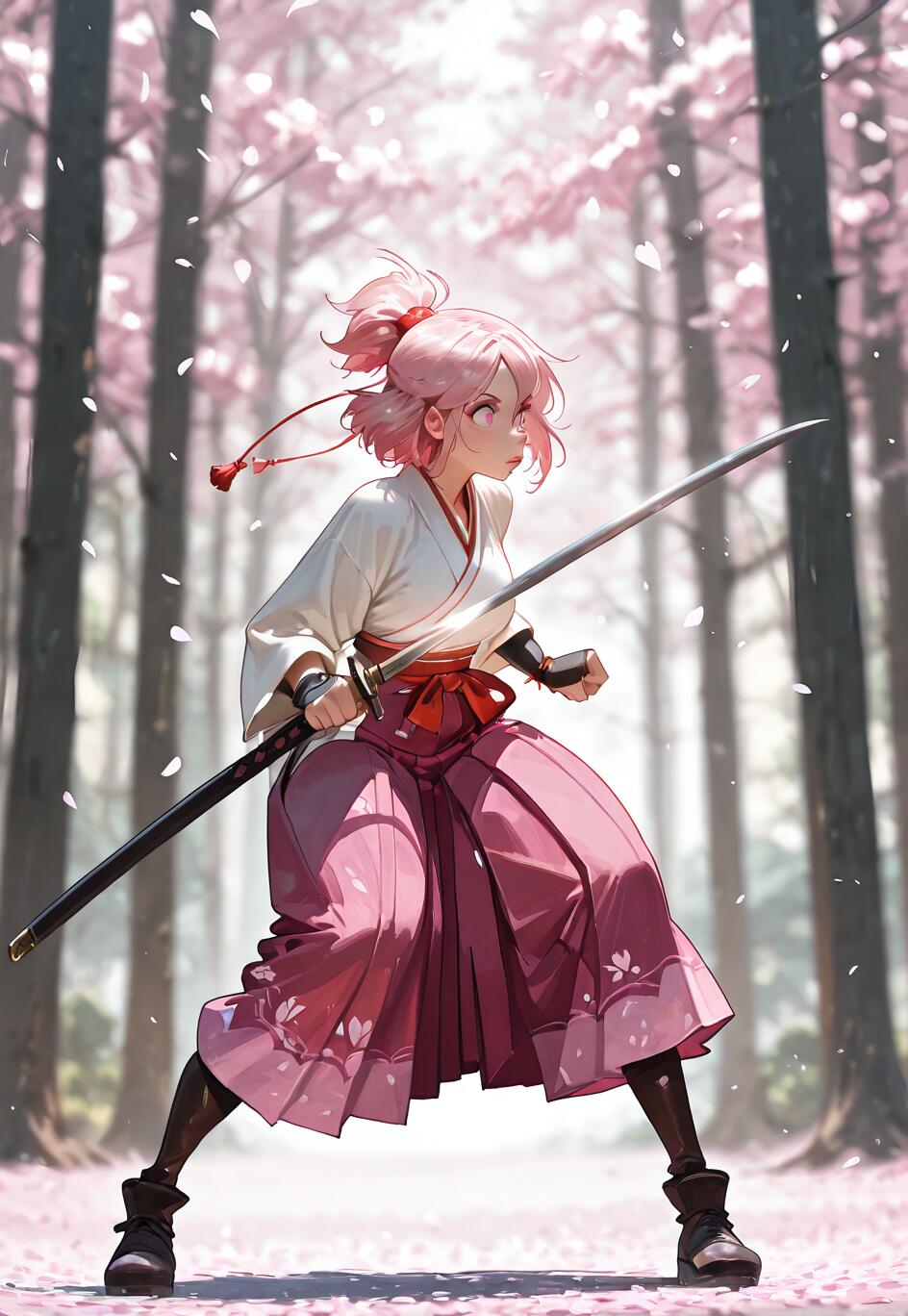 Un’illustrazione in stile anime che raffigura una giovane donna con i capelli rosa raccolti in una lunga coda di cavallo, che indossa un top bianco e un hakama rosa, e che tiene in mano una katana in posizione di difesa, in una foresta dove i petali dei ciliegi cadono.