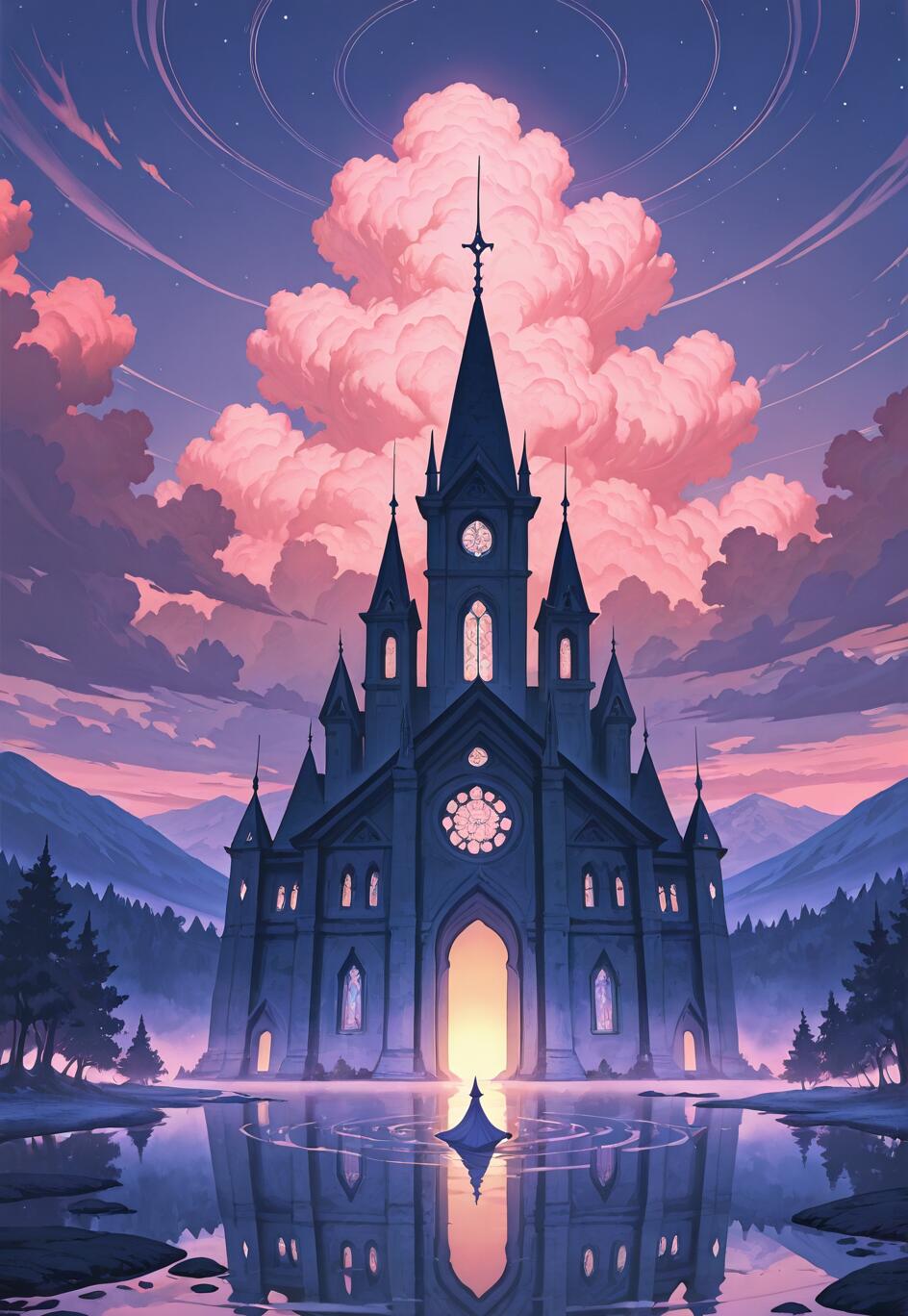 Un’illustrazione digitale fantastica che raffigura una cupa cattedrale gotica su una sponda di un lago, al crepuscolo. Grandi e voluminose nuvole rosa riempiono il cielo viola e l’intera scena si riflette nelle acque calme. Una piccola figura solitaria, avvolta in un mantello scuro, si trova sull’acqua, di fronte all’ingresso luminoso della cattedrale.