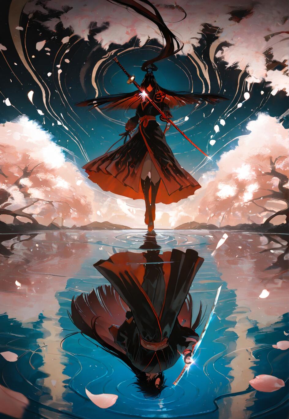 Un’illustrazione in stile anime di Sasuke Uchiha, personaggio di Naruto, che si trova in piedi sull’acqua sotto un cielo notturno, con alberi di ciliegio sullo sfondo. Il suo riflesso nell’acqua rivela il suo vero volto, creando un effetto di dualità.