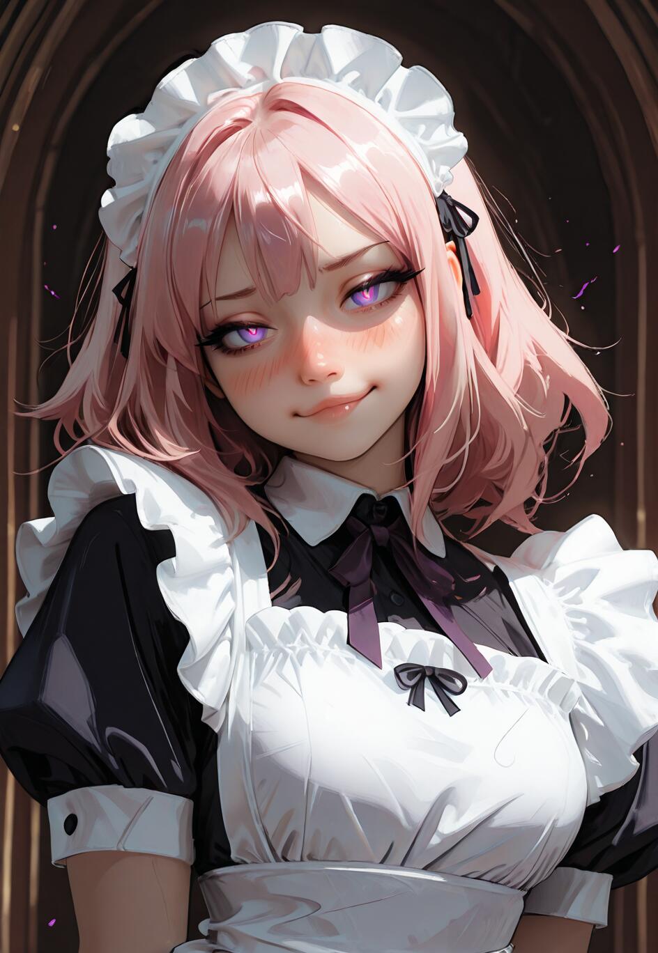 Un’illustrazione digitale del personaggio anime Astolfo, proveniente dalla serie Fate, con capelli rosa e occhi viola luminosi, che indossa un abito da cameriera bianco e nero. Ha un’espressione compiaciuta e guarda verso la telecamera, con uno sfondo scuro.