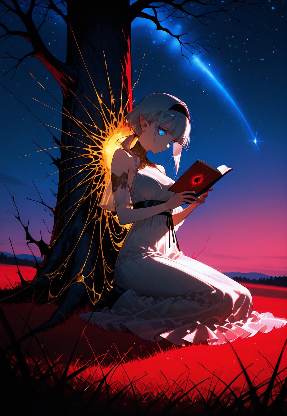 Una giovane elfa in stile anime, con capelli argentati e occhi azzurri luminosi, è inginocchiata sull’erba rossa, intenta a leggere un libro appoggiata a un albero. Dietro di lei, sull’albero, si trova una fonte di luce intensa, simile a una ragnatela, e una stella cadente solca il cielo notturno.