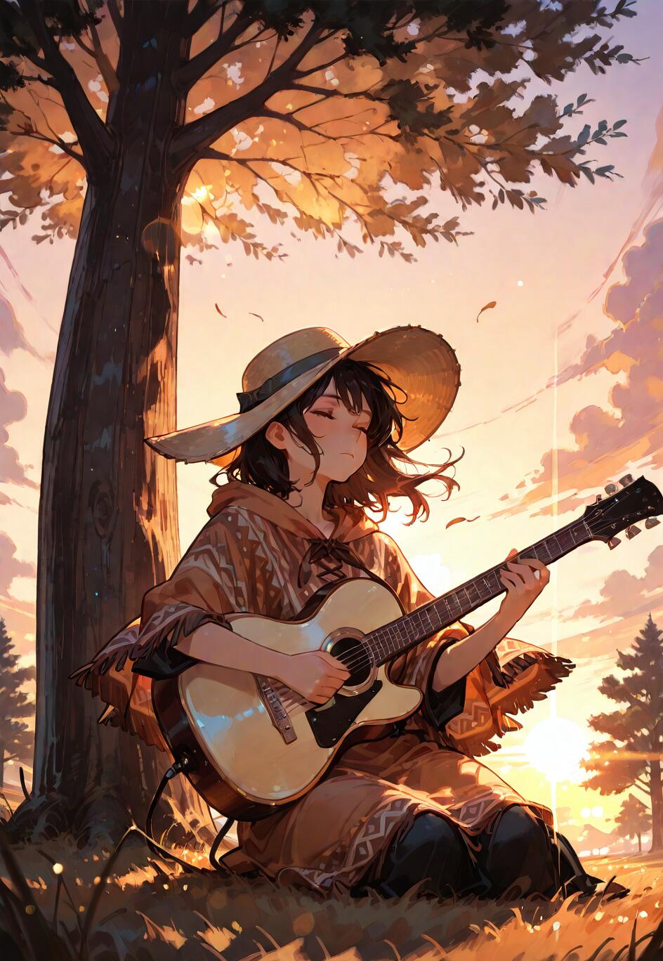 Una ragazza in stile anime, con capelli scuri, indossa un poncho e un cappello a tesa larga ed è seduta accanto a un grande albero al tramonto, mentre suona tranquillamente una chitarra acustica.
