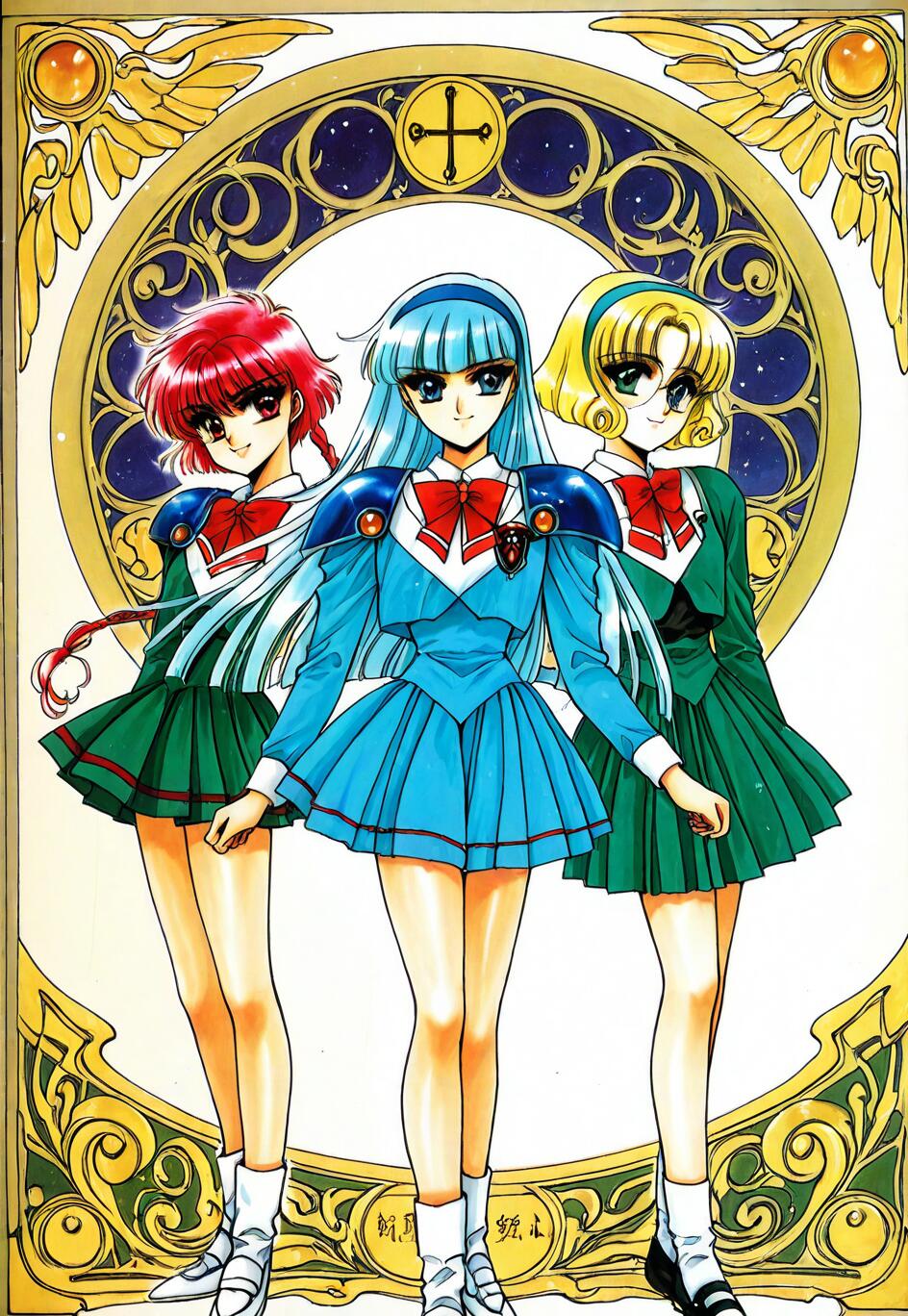 Illustrazione a figura intera di Hikaru Shidou, Umi Ryuuzaki e Fuu Hououji, tratta da Magic Knight Rayearth. Hikaru ha i capelli rossi, Umi ha i capelli blu e Fuu ha i capelli biondi e indossa gli occhiali. Sono vestiti con uniformi scolastiche corazzate e sono in piedi di fronte a una grande cornice circolare dorata e decorata.