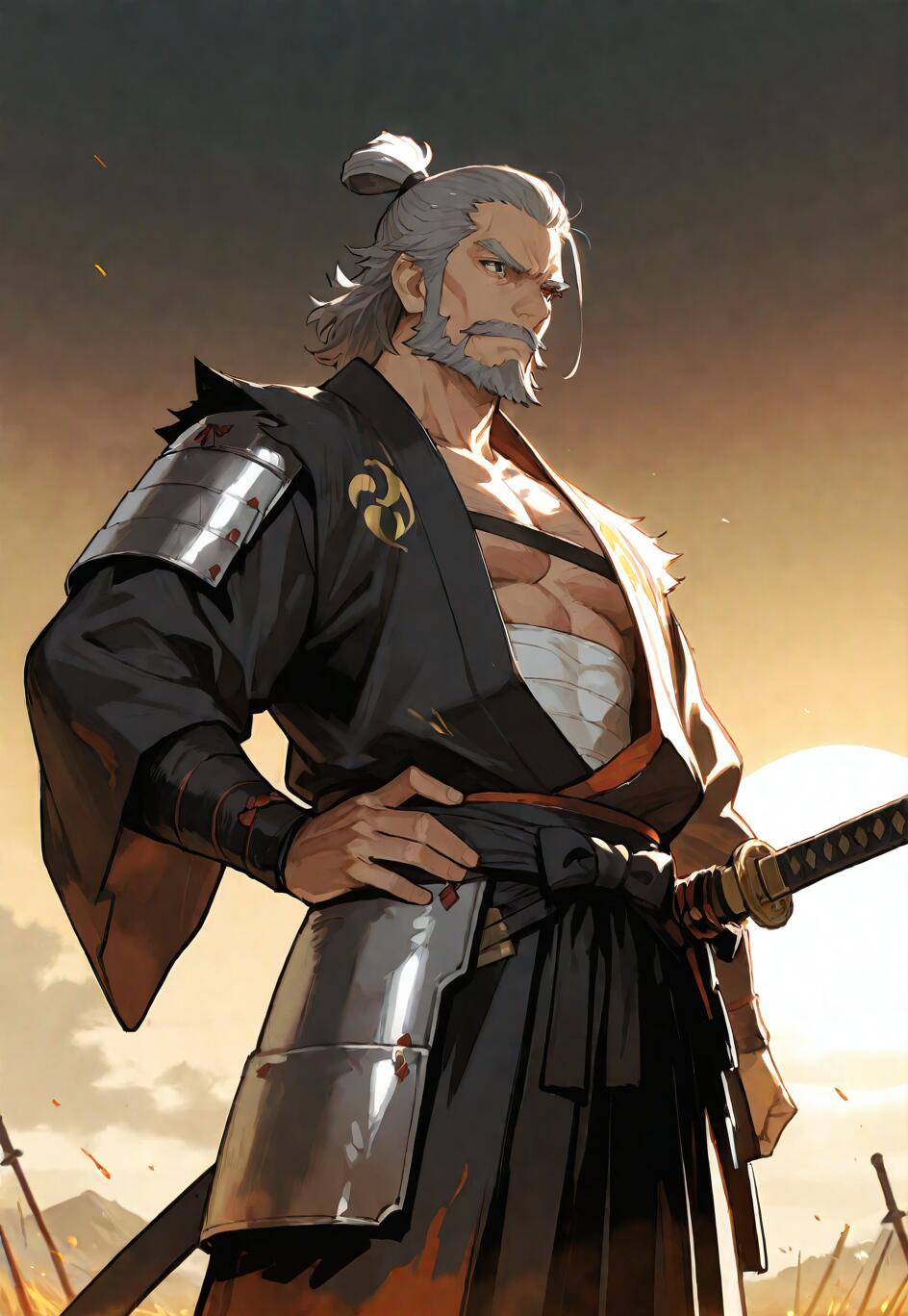 Un’illustrazione in stile anime che raffigura un anziano samurai, muscoloso, con capelli e barba grigi, che indossa un kimono nero e un’armatura parziale, e che si erge con sicurezza su un campo di battaglia all’alba.