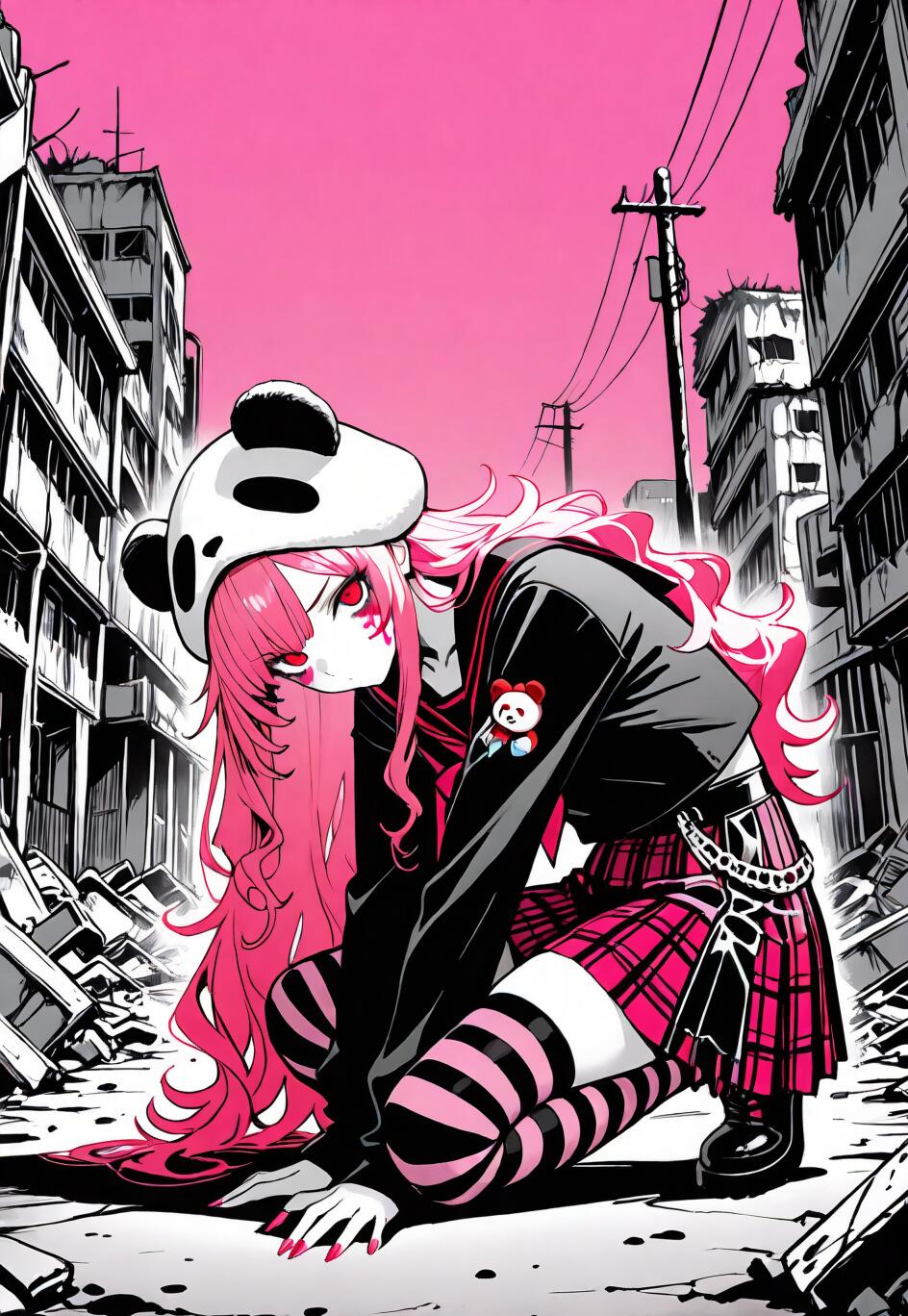 Un’illustrazione in stile anime del personaggio MaiMai, tratta dal gioco Arknights, che la ritrae con lunghi capelli rosa e un cappello a forma di panda. È accovacciata in una strada di una città in rovina, in bianco e nero, sotto un cielo di un rosa acceso e uniforme.