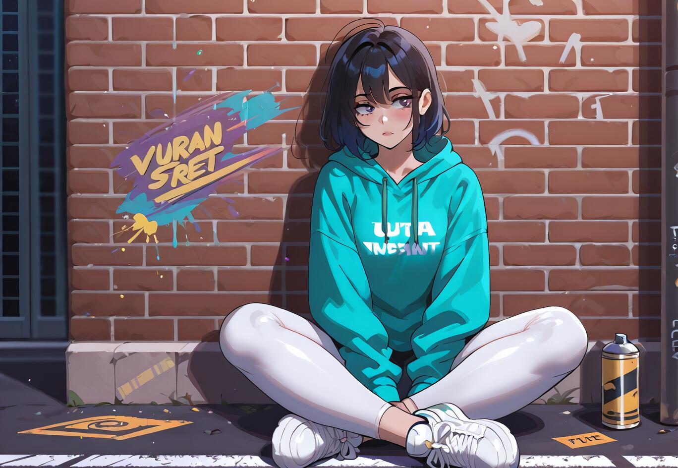 Una ragazza anime con i capelli corti e scuri, indossa una felpa turchese e dei leggings bianchi, ed è seduta sul marciapiede, appoggiata a un muro di mattoni decorato con graffiti colorati.