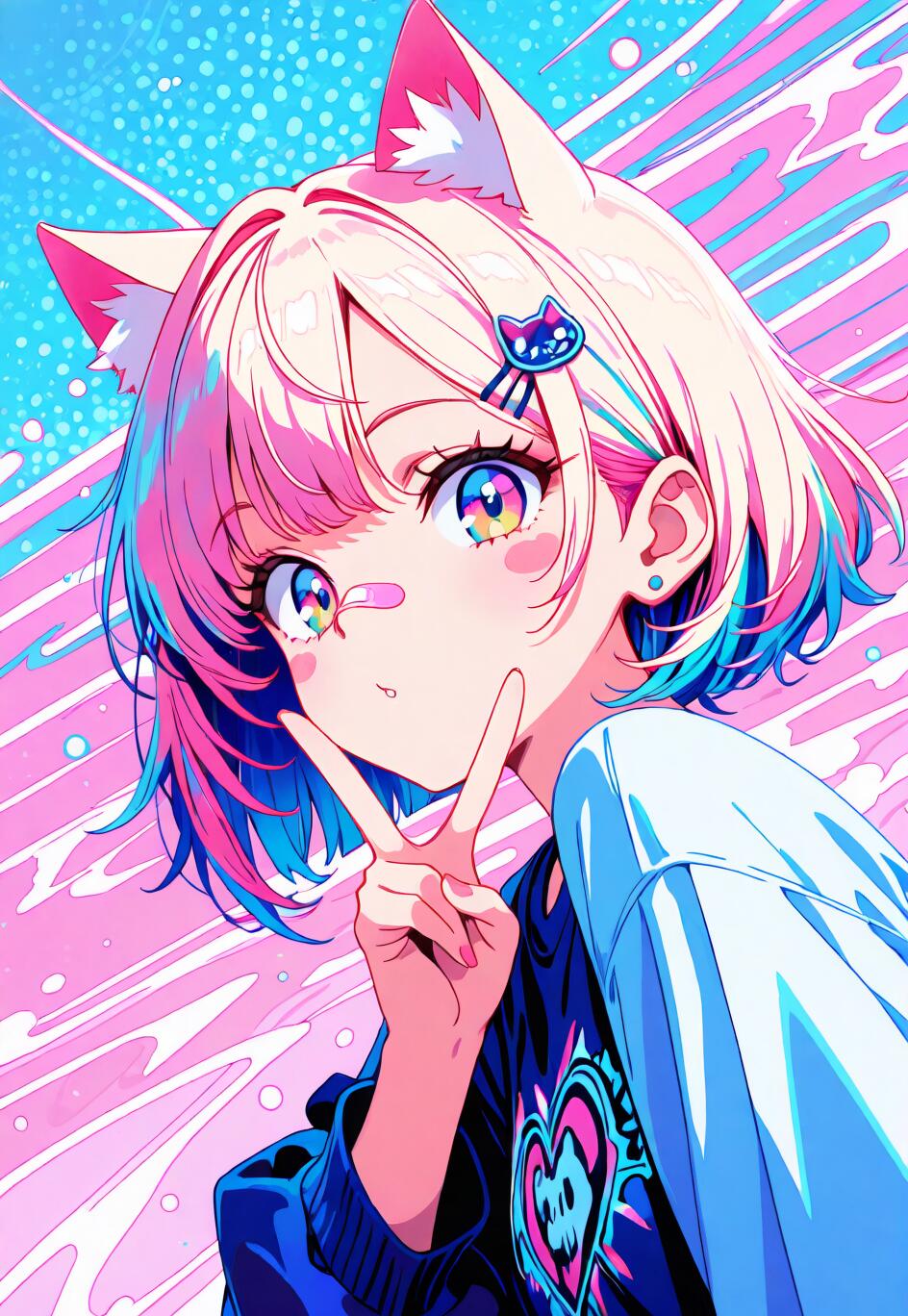 Una ragazza-gatto in stile anime, con capelli rosa e blu, orecchie da gatto e un cerotto sul naso. Sta sorridendo e fa il segno della pace con la mano, sullo sfondo di un vivace motivo astratto rosa e blu.