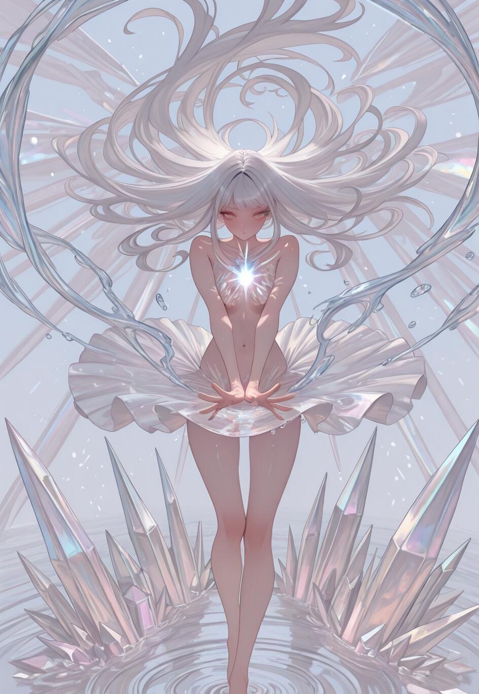 Un’illustrazione che raffigura una ragazza in stile anime a figura intera, con lunghi capelli bianchi, che si trova in acqua. Sul petto emana una luce brillante ed è circondata da grandi cristalli iridescenti e da vortici di acqua che formano delle spirali.