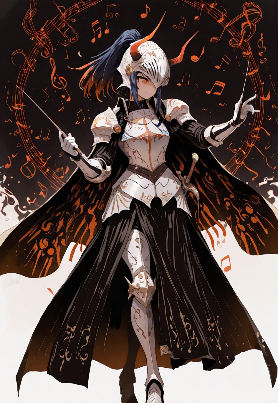 Un’illustrazione in stile anime del personaggio Yaneko Uta, raffigurata come una direttrice d’orchestra in abiti da cavaliere. Indossa un’elaborata armatura bianca e argentata, un mantello nero e un elmo con le corna. Tiene in mano due bacchette da direttrice e si trova al centro di un vortice di note musicali arancioni luminose.