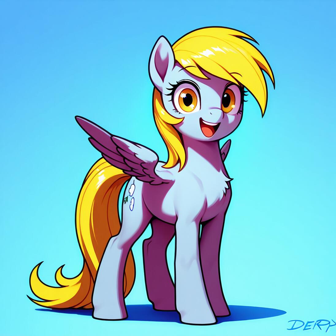 Illustrazione digitale a figura intera del personaggio Derpy Hooves di My Little Pony. È una cavalla alata di colore grigio, con una criniera e una coda bionde, che sorride allegramente mentre è in piedi di fronte a uno sfondo blu.