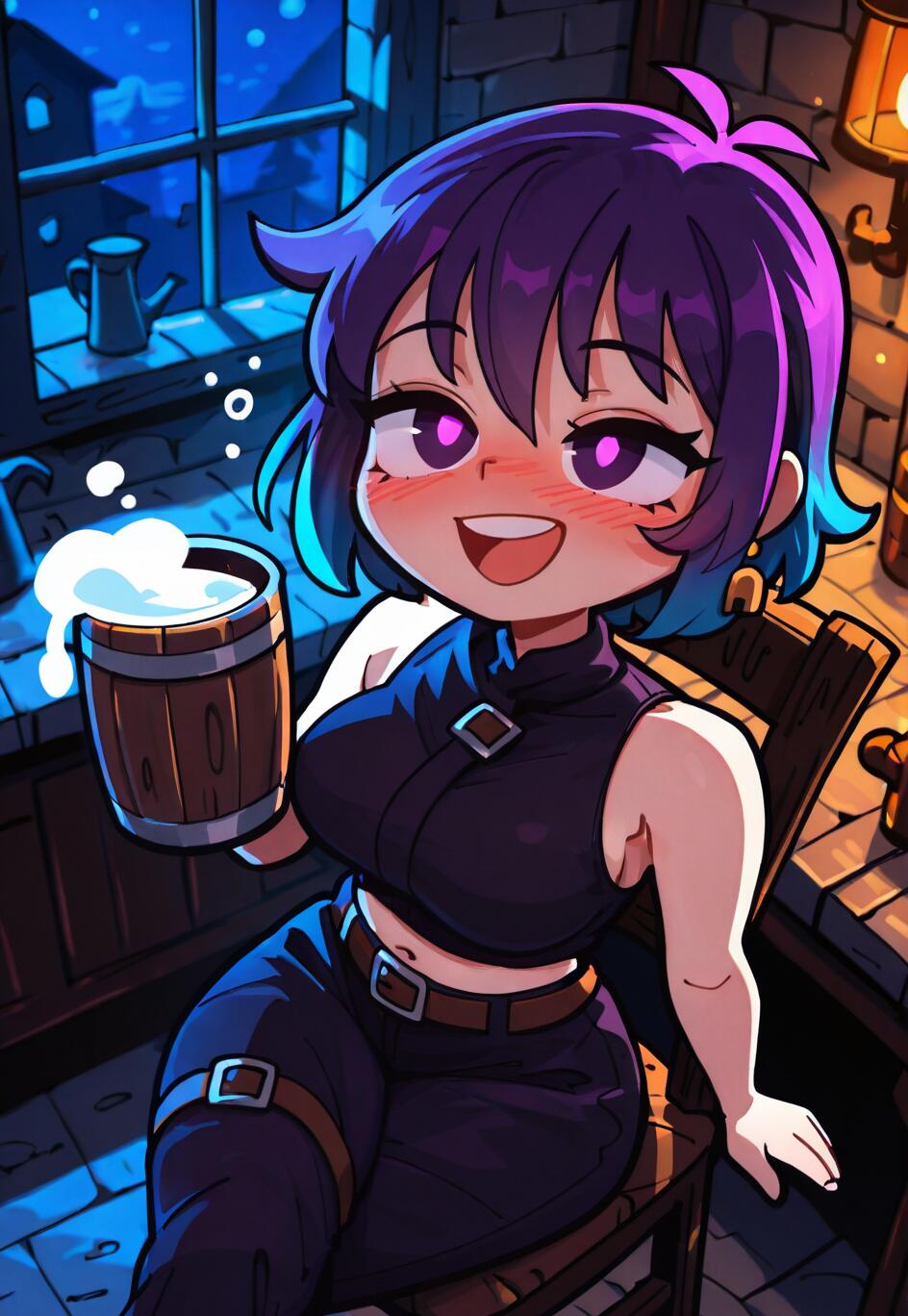 Un’illustrazione in stile anime che raffigura una ragazza con i capelli corti, di colore viola e blu, che sorride felicemente mentre tiene in mano una grande tazza di legno piena di birra, in un’accogliente taverna illuminata da candele, di notte.