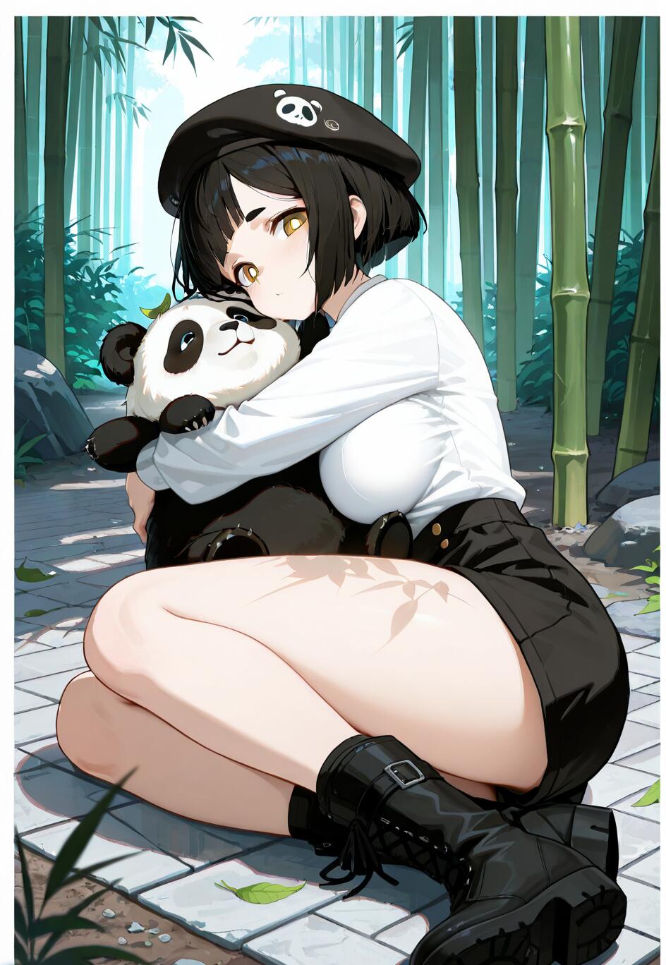 Una ragazza in stile anime, con i capelli neri corti e un berretto a forma di panda, è seduta su un sentiero di pietra in una foresta di bambù e abbraccia teneramente un grande orso panda.