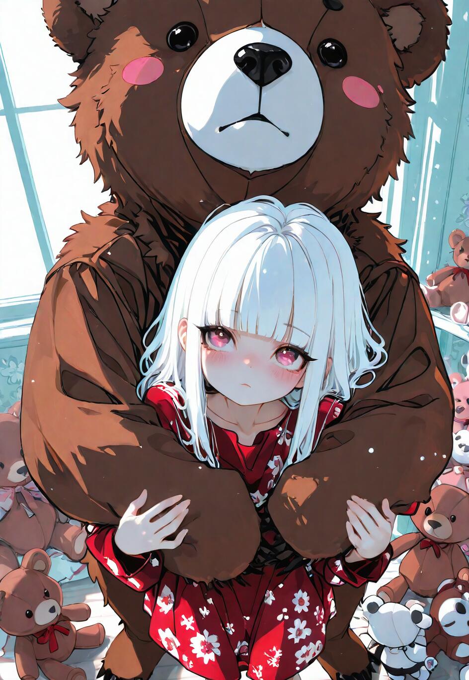 Un’illustrazione in stile anime che raffigura una giovane ragazza con lunghi capelli bianchi e occhi rosa, abbracciata da dietro da un enorme orso di peluche marrone. Indossa un abito rosso a fiori e la stanza è piena di molti altri orsetti di peluche più piccoli.
